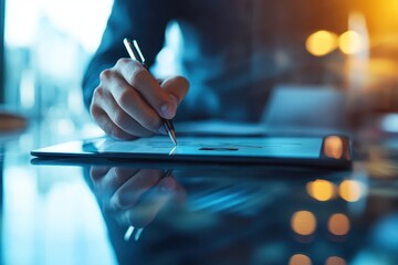 A person writing on a tablet with a pen, reflecting a professional setting.
