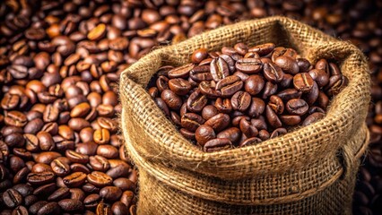Fototapeta premium Close up of sack burlap bag filled with coffee beans showing aromatic roasted coffee