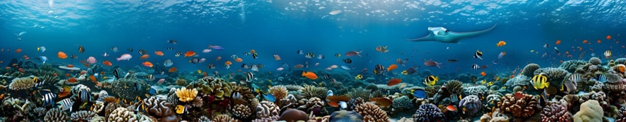 Fototapeta premium A panoramic view of the underwater world, showcasing vibrant coral reefs teeming with colorful fish and sea creatures in their natural habitat
