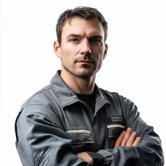 photo of a smooth faced auto mechanic looking forward on a white background
