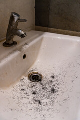 Dirty Untidy Ceramic Sink with Shaved Hairs - Unhygienic Bathroom Footage, India
