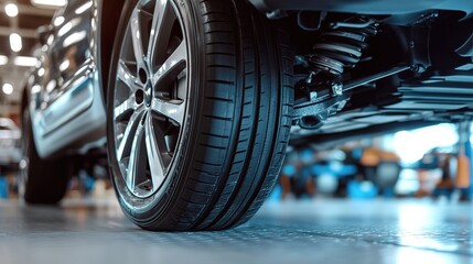 Fototapeta premium A close-up view of a car tire, showcasing its tread and detailing in a modern garage or service area.