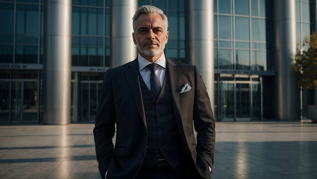 Confident CEO Portrait:  A mature, distinguished businessman exudes confidence and authority in a sharp three-piece suit, standing before a modern corporate building.