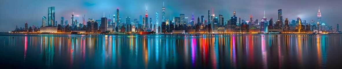 Fototapeta premium Panoramic photograph of the skyline of New York City at night, with lights reflecting on the water and buildings lit up in a variety of colors