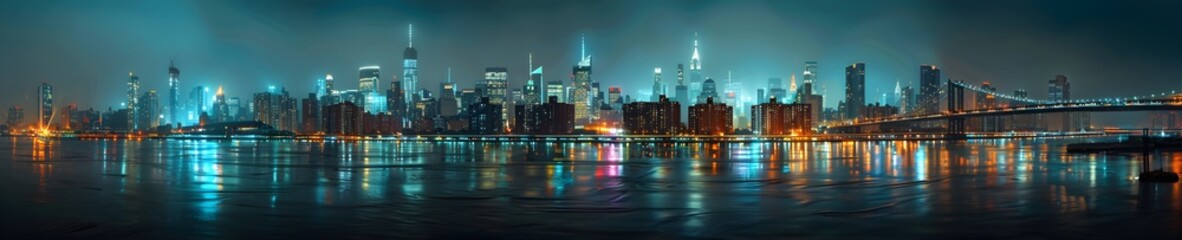 Fototapeta premium Panoramic view of the New York skyline at night, highly detailed, lights reflecting on water, buildings lit up with neon signs, skyscrapers towering over the cityscape