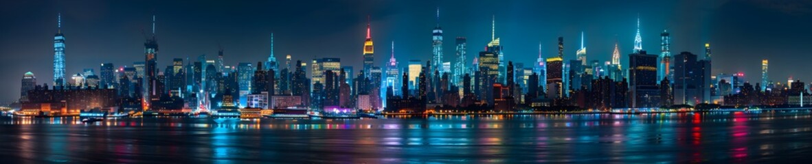 Fototapeta premium Panoramic view of the New York skyline at night, highly detailed, lights reflecting on water, buildings lit up with neon signs, skyscrapers towering over the cityscape