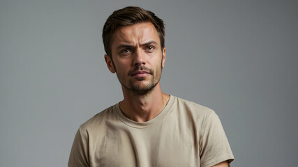 Thoughtful Man in Beige T-shirt: A portrait of a young man with a contemplative expression, captured in a candid moment of deep thought.