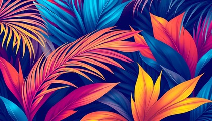 Energetic Tropical Design with Coral, Neon Pink, Deep Blue, and Yellow Palm Leaves