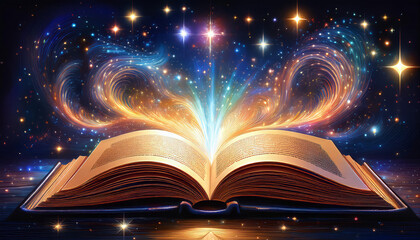 Open book is emitting a magical beam of light made of swirling gold and blue energy with shining stars in a dark night sky