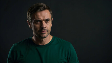 Obraz premium Thoughtful Gaze: A Portrait of a Man in Green. A pensive, middle-aged man with dark hair and a serious expression gazes thoughtfully into the distance against a dark background.