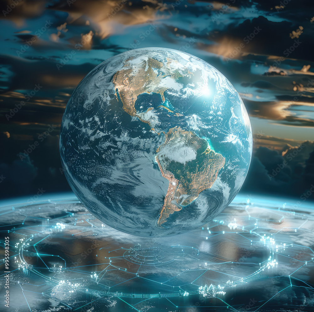 Poster Interactive software depicting a digital twin of Earth, being used to predict and adapt to climate related events.