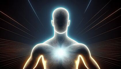 Abstract image of a glowing human body with light beams, evoking meditation and healing. Wireframe grid and mesh lines add a touch of science. Dark background with blue, gold, and white hints