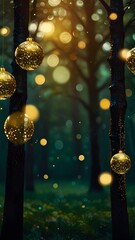 Christmas Dark Forest Green Backround, With Shimmering Orbs and Glitter.