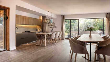 Fototapeta premium Modern home decor. Open space with dining room