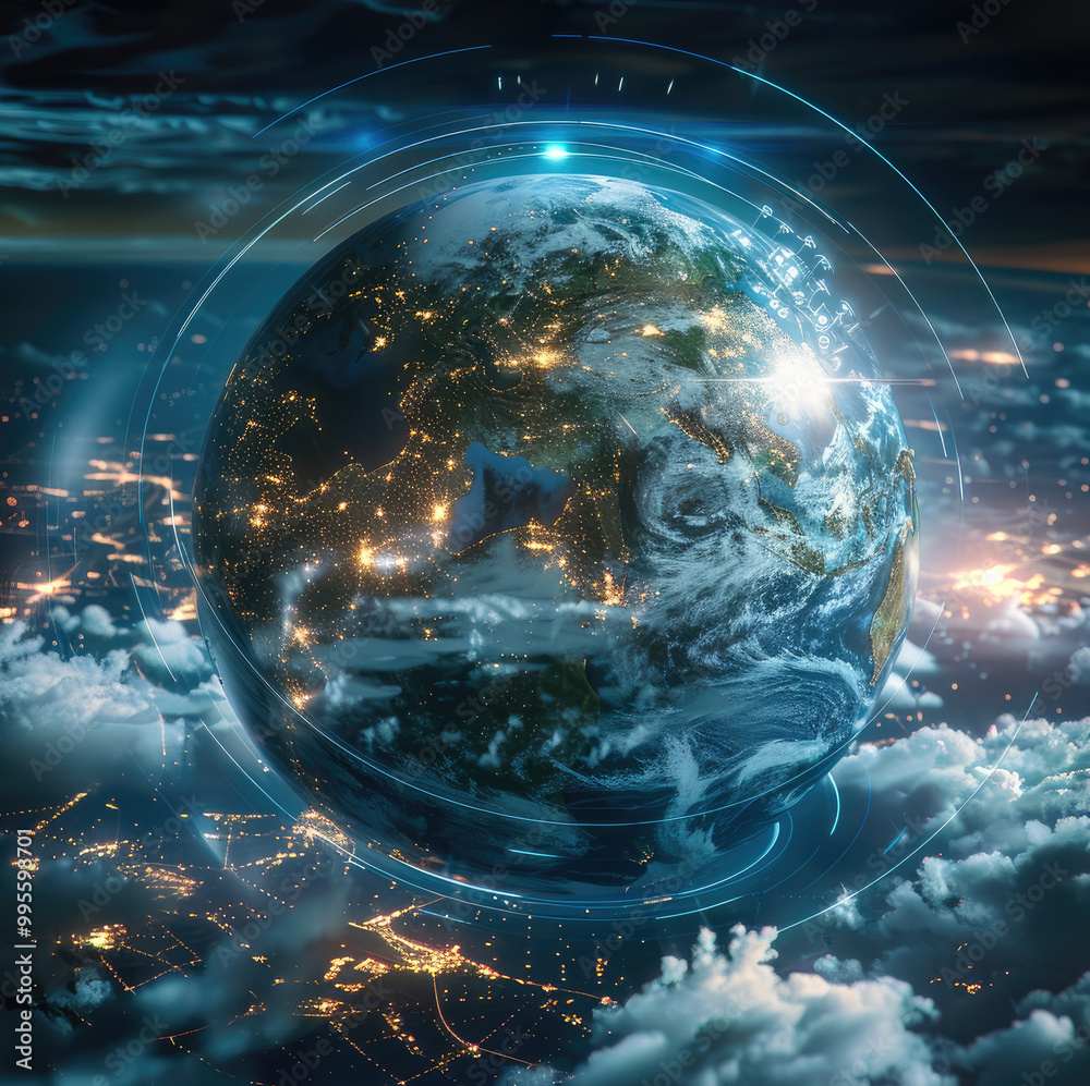 Poster Interactive software depicting a digital twin of Earth, being used to predict and adapt to climate related events.