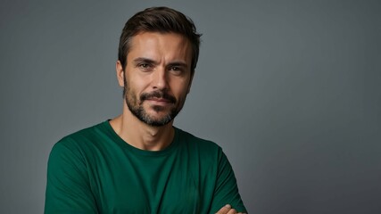Fototapeta premium Confident Man in Green: Portrait of a handsome man with a beard, wearing a green long-sleeved shirt, against a gray background. He exudes confidence and strength.