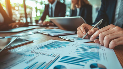 Team collaborates to analyze financial reports during a meeting in an office setting with modern decor and technology