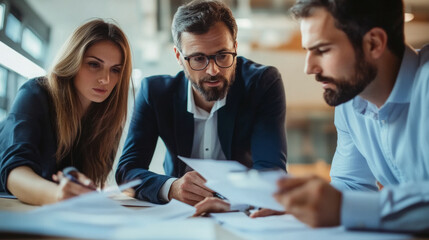 Fototapeta premium A diverse team collaborating on document review at a modern office during the afternoon, focused on analysis and discussion