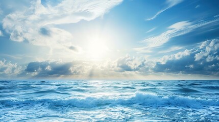 Obraz premium blue sky, bright sun and waves on the ocean, sea wallpaper, travel background