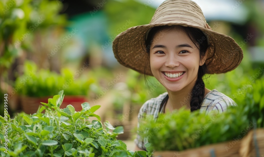 Poster Smiling woman in a hat surrounded by greenery.