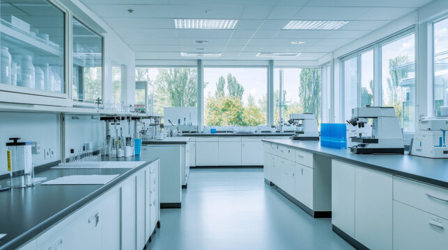 A modern laboratory workspace with large windows, clean countertops, and advanced equipment for research activities in a bright setting
