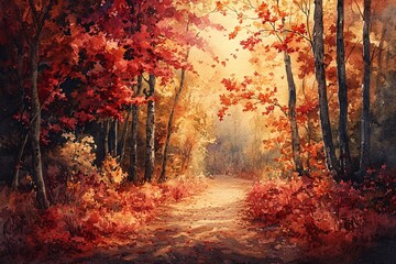 Fototapeta premium Watercolor Painting of Forest Pathway Covered in Crimson and Gold Leaves: Sunlight Filtering Through Autumn Canopy