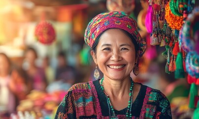 Fototapeta premium Smiling woman wearing colorful clothes and jewelry.