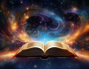 Open book glowing with magic against a galaxy background, with plenty of copy space