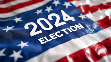 The American flag flutters elegantly, showcasing the message for the 2024 election in striking white text against a vivid red, blue, and green backdrop