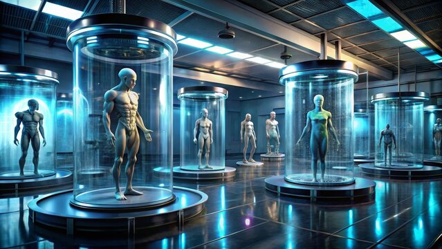 Futuristic laboratory where scientists are analyzing human specimens preserved inside cryogenic capsules