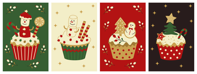 Set of greeting cards with cute cupcakes for Christmas and new year. Traditional baking with festive winter decorations.