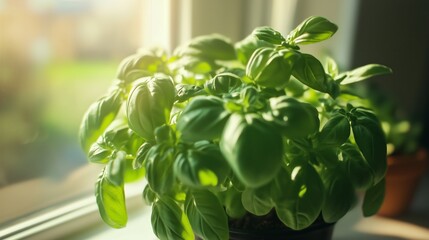 Obraz premium Growing basil plant on a sunny windowsill in a cozy home environment during early morning hours