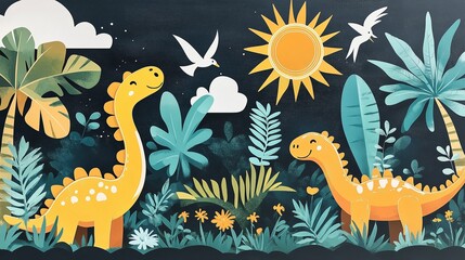 Colorful dinosaur jungle mural with smiling figures and tropical plants.