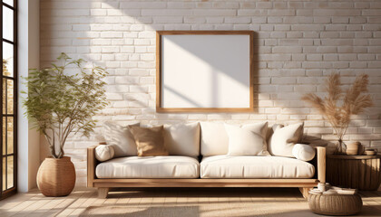 Cozy living room with a white couch, natural decor, and bright sunlight.