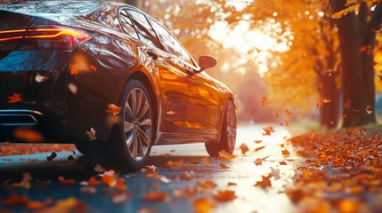 Black Car is moving on autumn landscape road at sunset. Fall car trip. car on forest path with golden leaves. speed motion blur effect. Car on asphalt road on autumnal day in park. Travel. Copy space