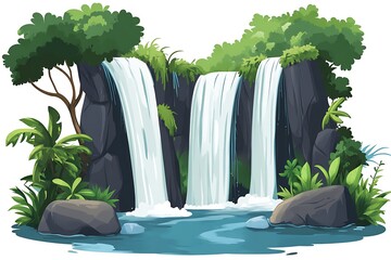 Nature landscape of waterfall with green trees illustration