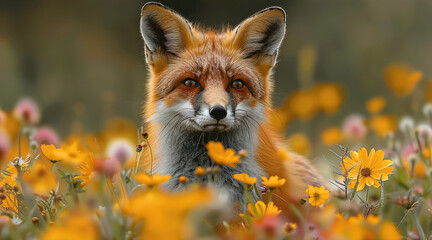 Fototapeta premium A vibrant red fox darting through a field of wildflowers, embodying the playful and curious aspects of wildlife in action.