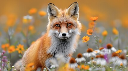 Fototapeta premium A vibrant red fox darting through a field of wildflowers, embodying the playful and curious aspects of wildlife in action.