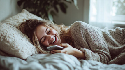 A young woman enjoys a relaxing afternoon in her cozy bedroom, happily reading on her phone while lying on the bed