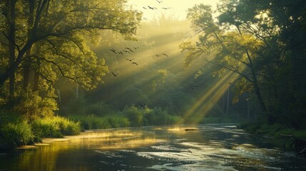 Obraz premium A serene river winds gracefully through a dense forest with sunlight dappling the water's surface and birds soaring overhead.