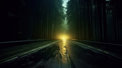 Road Through a Misty Forest at Sunset