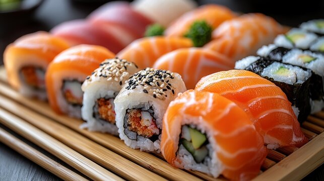 Assorted Sushi Rolls with Fresh Salmon and Toppings Generative AI