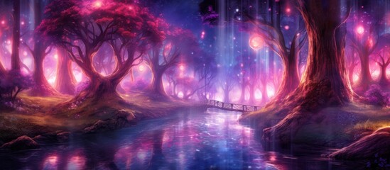 Enchanted Forest with Glowing Trees and a Bridge