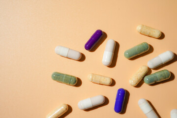 Mix of medicine capsules pills, supplements vitamins, Assorted pharmaceutical medicine capsules