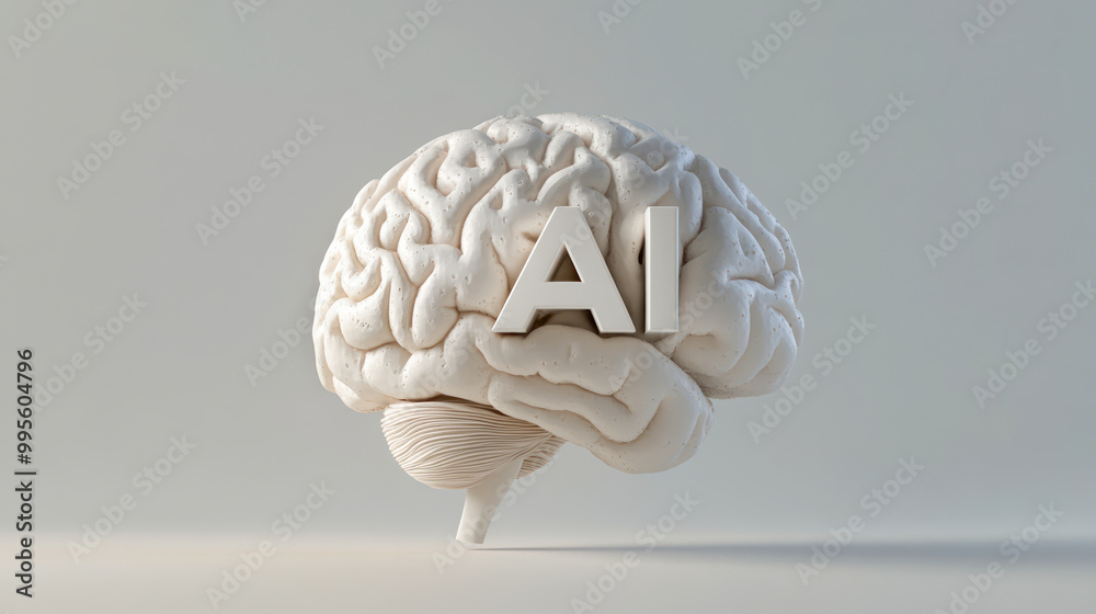 Poster Artificial intelligence. digital brain with letters AI on white background. Robotics concept. Cyborg brain. modern technology, neural network, digital data