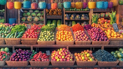 Obraz premium Colorful fruit and vegetable market. Stand with a variety of fresh produce for sale