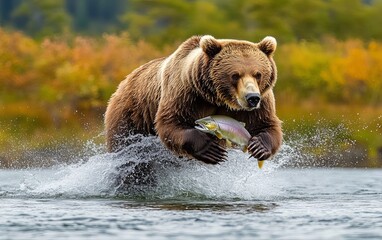 Obraz premium A bear splashes through water while catching a fish, showcasing the power of wildlife in its natural habitat.