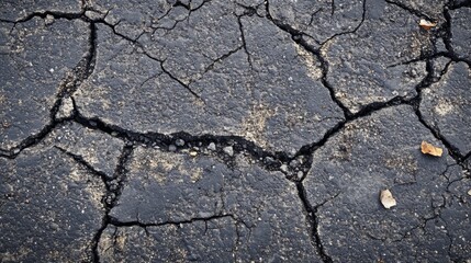 Obraz premium Cracked asphalt surface showing signs of wear and environmental impact.