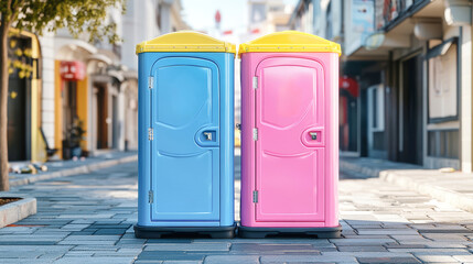 Naklejka premium Two vividly colored portable toilets stand side by side on a charming street, showcasing playful designs with male and female symbols, inviting urban exploration