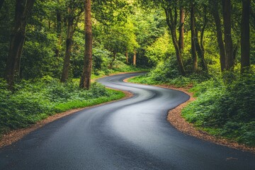 Winding road through a forest. This image can be used to represent travel, adventure, and nature.